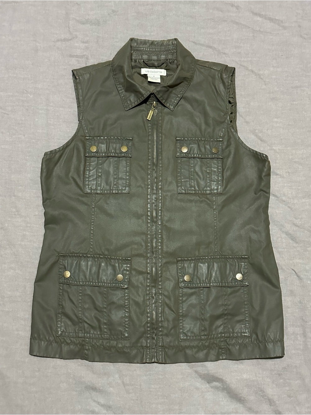 Liz Claiborne Olive Green Sleeveless Zip Utility Vest